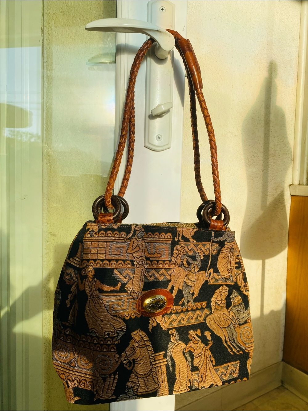 Etruscos Italy Mythology Tapestry Shoulder Bag Braided Leather Wood Rings Boho - Picture 2 of 11